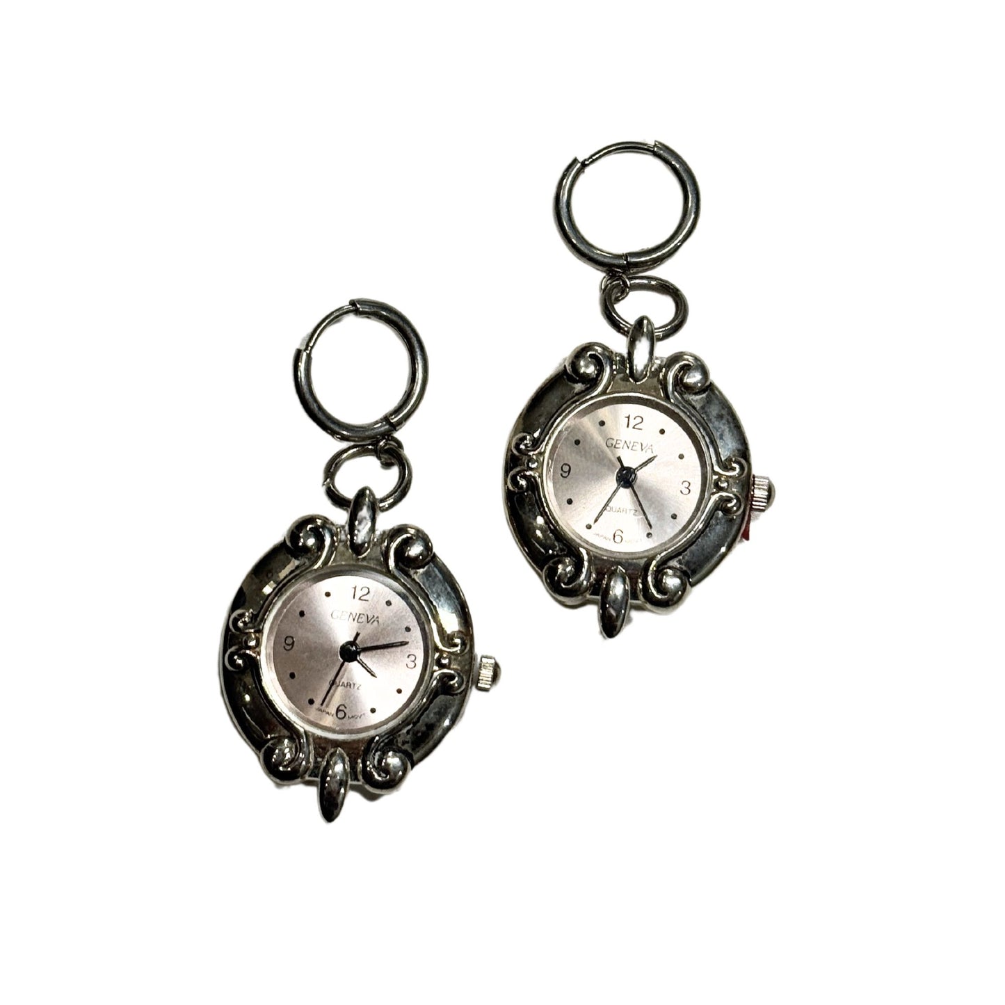Pink Watch Silver Huggies Earrings