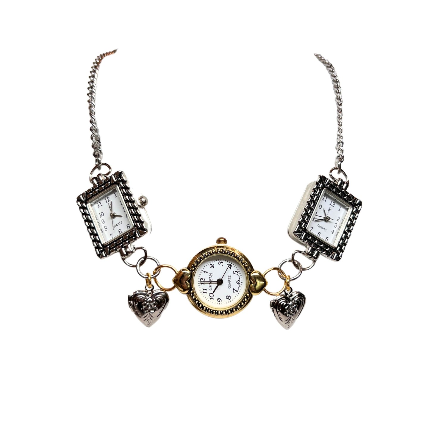 Mixed Metals Hearts Gold & Silver Watch Necklace