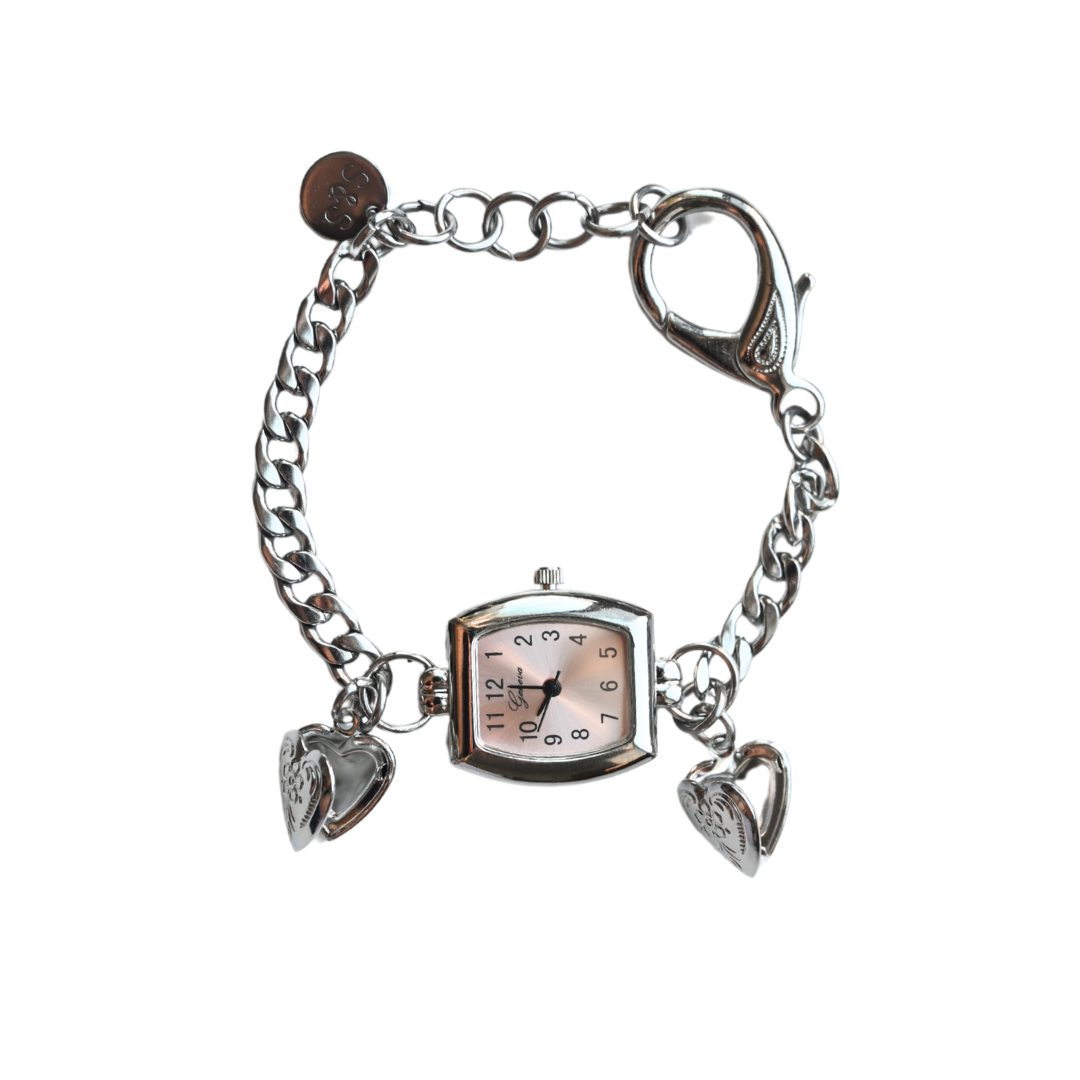 Pink Hearts Silver Watch Bracelet