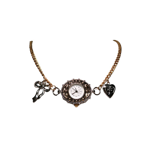 Mixed Metals Watch Necklace with Heart and Bow