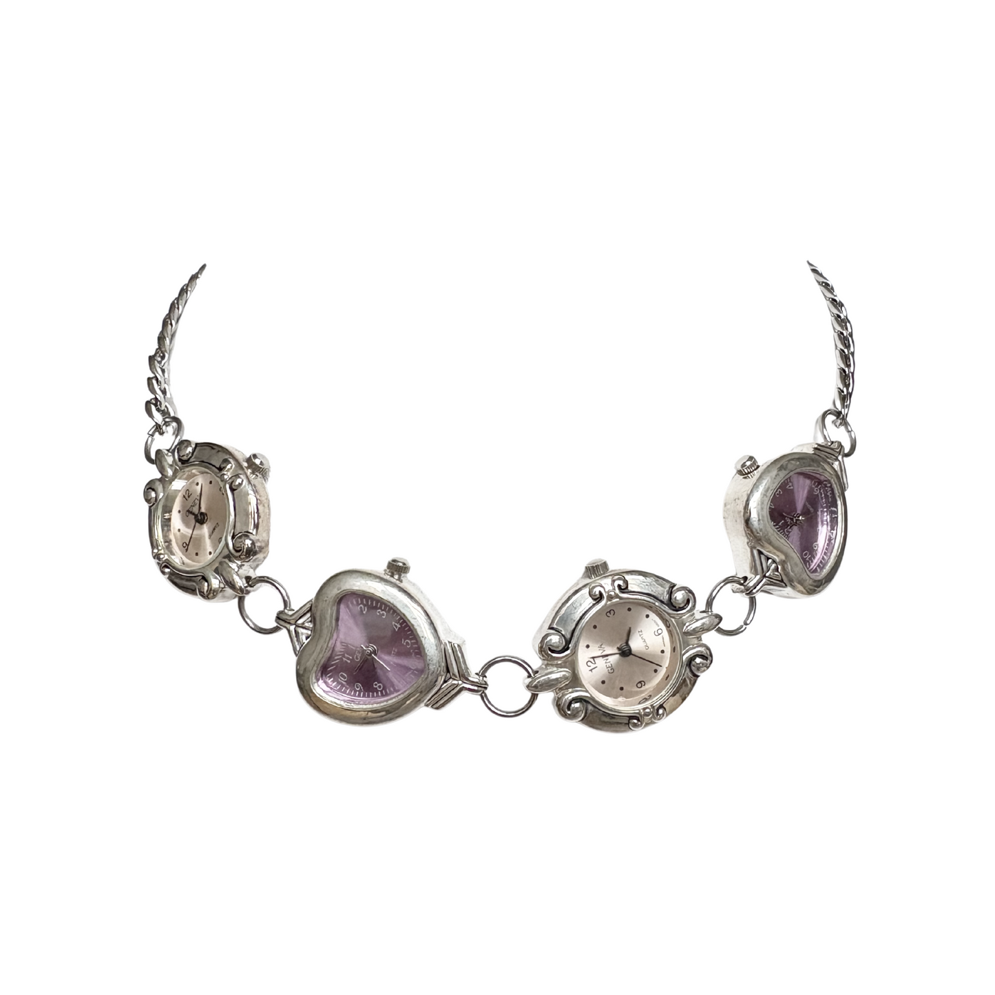 Silver Pink and Purple 4-Watch Linked Necklace