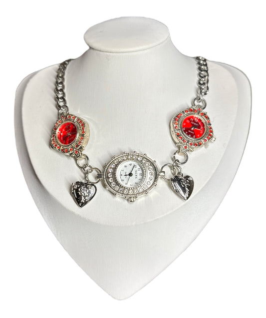 Sparkly Silver Red Watch Necklace