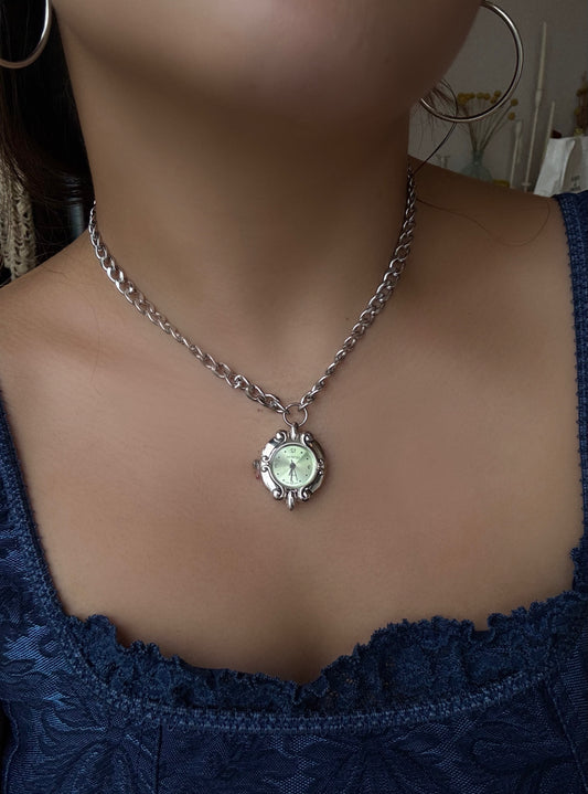 Silver Green Watch Chain Necklace