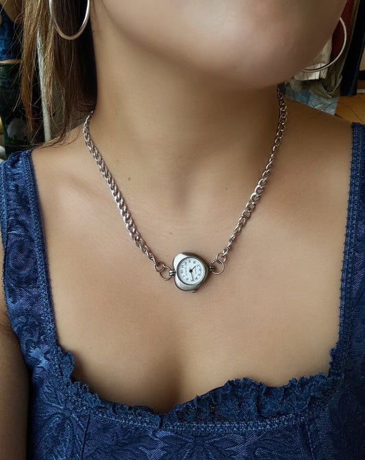 Silver White Heart Watch Chain Necklace