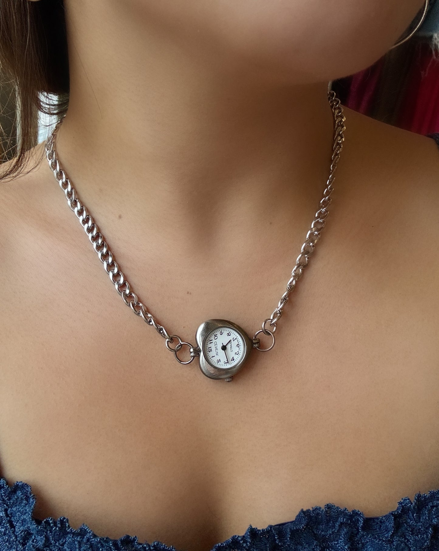 Silver White Heart Watch Chain Necklace