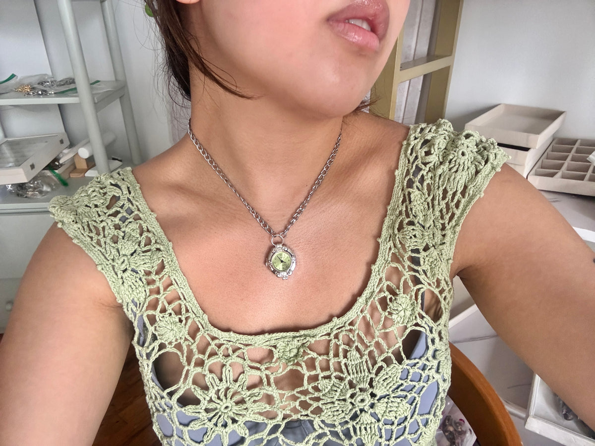 Silver Green Watch Chain Necklace