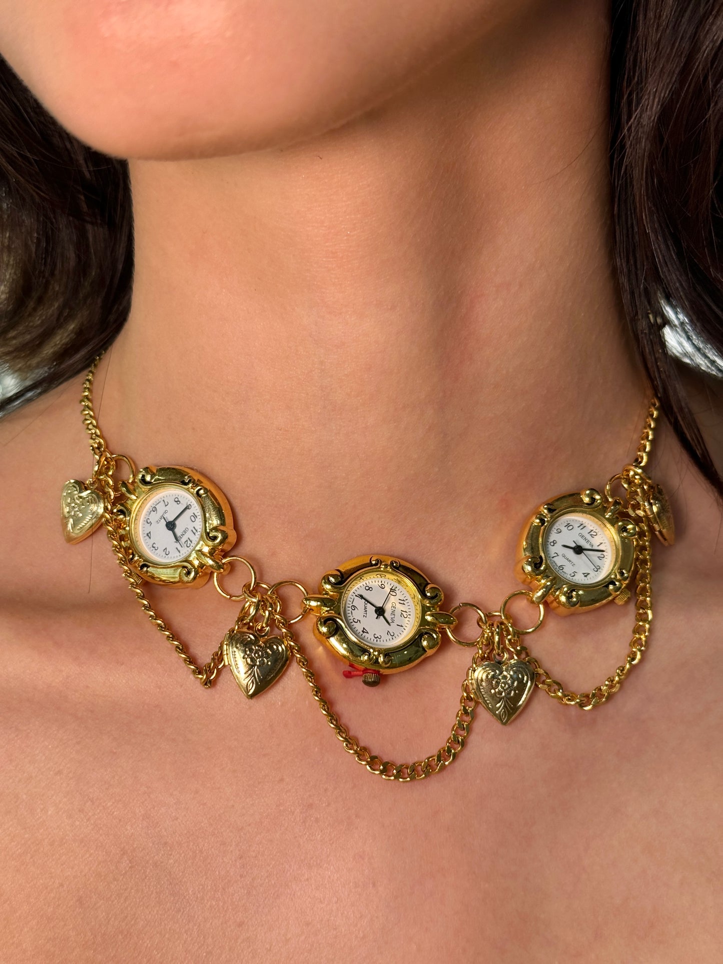 Vintage Gold Triple Watch Face Choker with Heart Charms