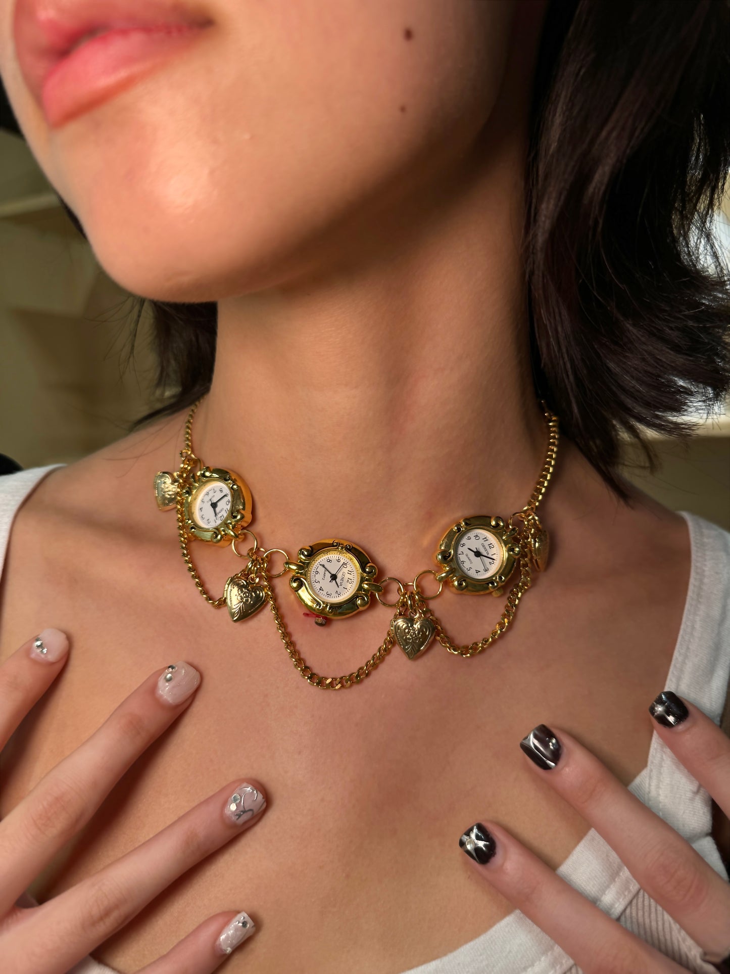 Vintage Gold Triple Watch Face Choker with Heart Charms