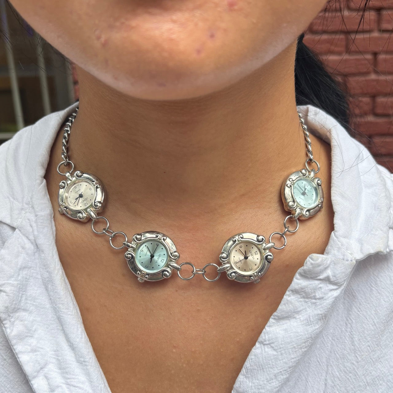 Silver Pink and Blue 4-Watch Linked Necklace