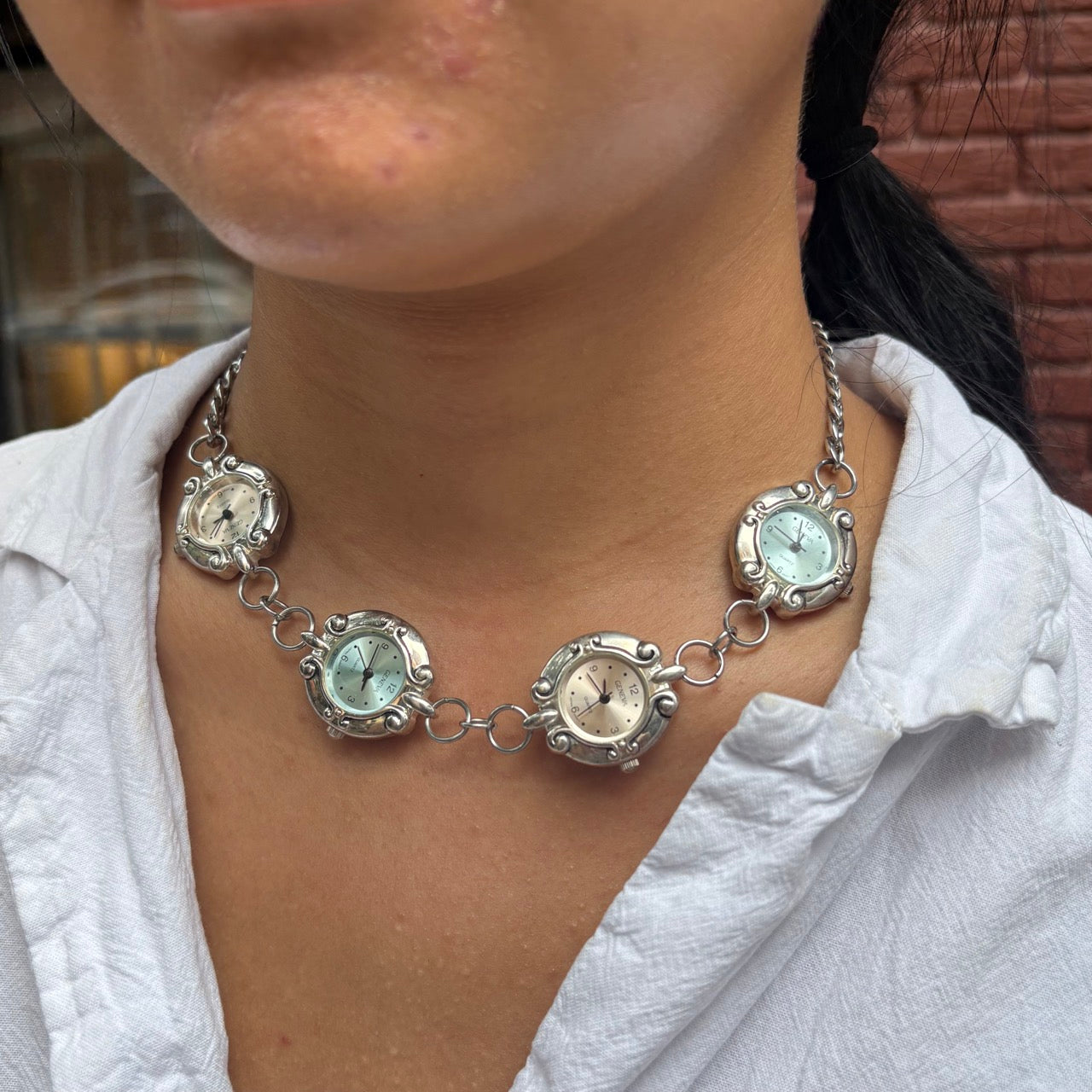 Silver Pink and Blue 4-Watch Linked Necklace