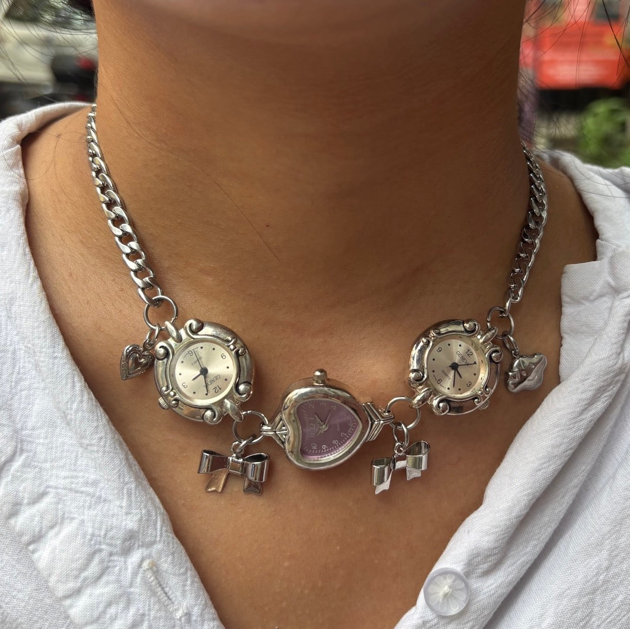 Pink and Purple Silver Watch Necklace with Bow Charms