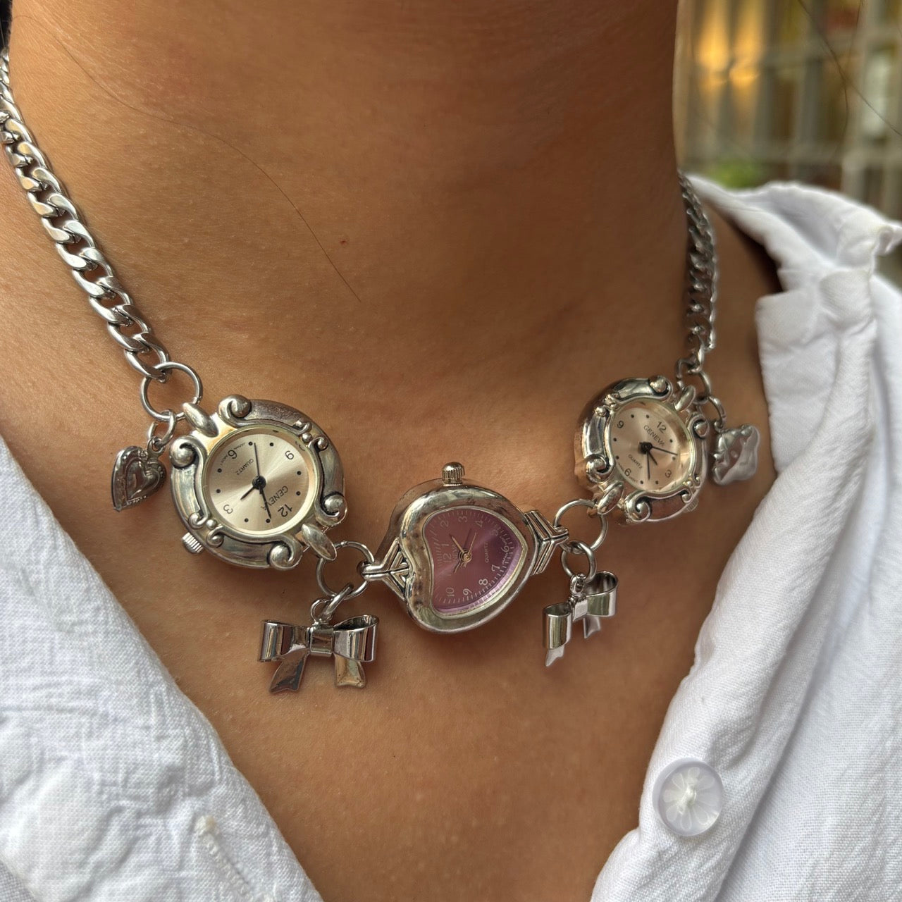 Pink and Purple Silver Watch Necklace with Bow Charms
