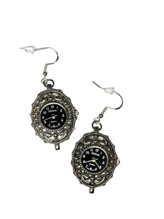Silver Black Watch Earrings