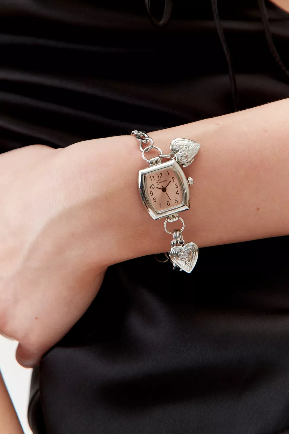 Pink Hearts Silver Watch Bracelet