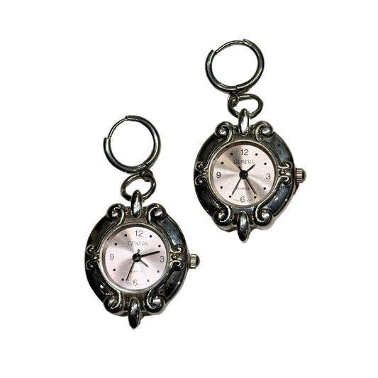 Pink Watch Silver Huggies Earrings