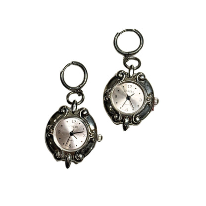 Pink Watch Silver Huggies Earrings