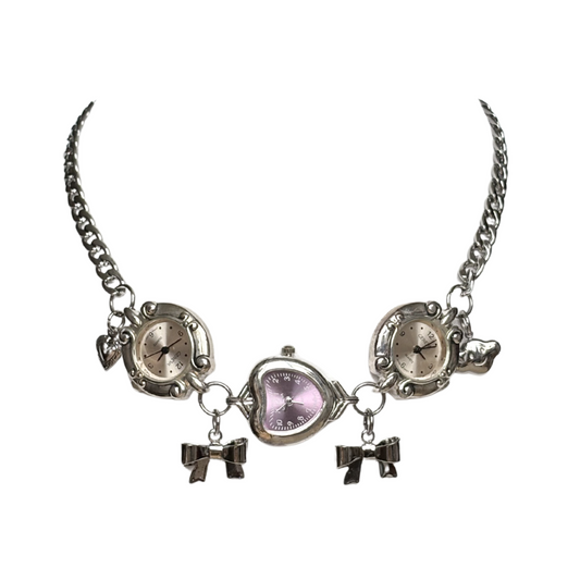 Pink and Purple Silver Watch Necklace with Bow Charms