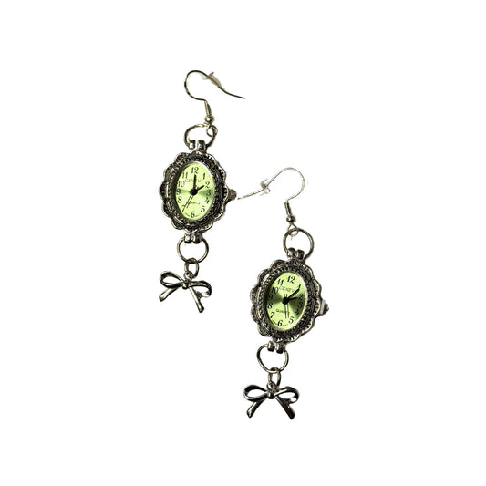 Green Watch Silver Earrings