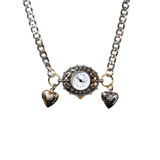 Mixed Metals Watch Necklace with Heart Lockets