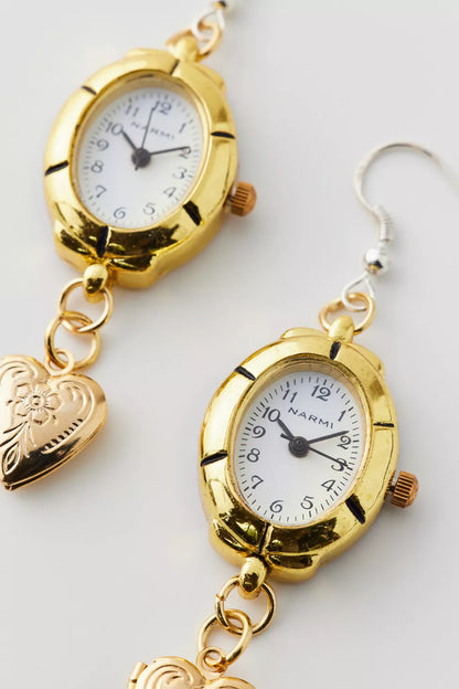 Gold Watch Drop Earrings