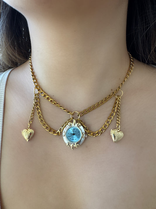 Mixed Metals Gold & Silver Blue Watch Heart Locket Necklace