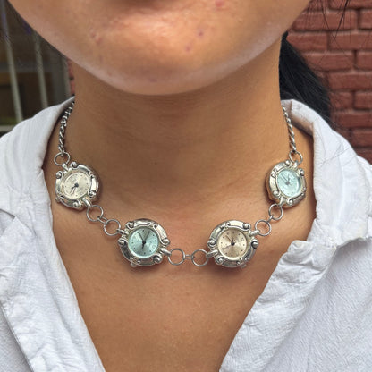 Silver Pink and Blue 4-Watch Linked Necklace