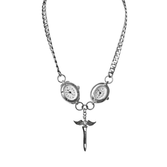 Silver Dual Sword Watch Necklace