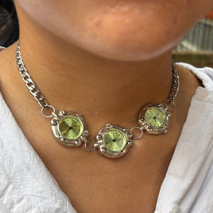 Silver Triple Green Watch Necklace