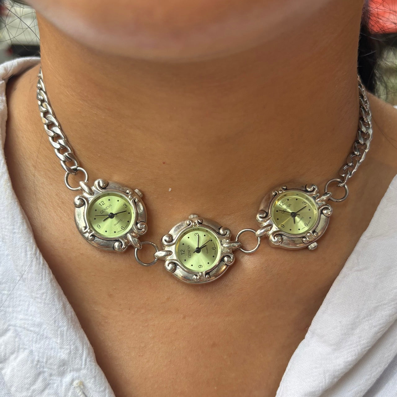Silver Triple Green Watch Necklace